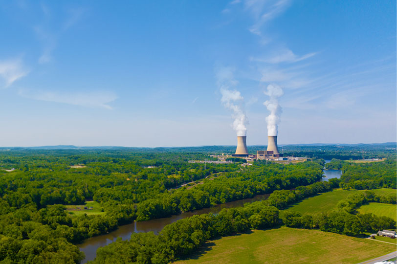 aerial view of two cooling towers at constellation clean energy center