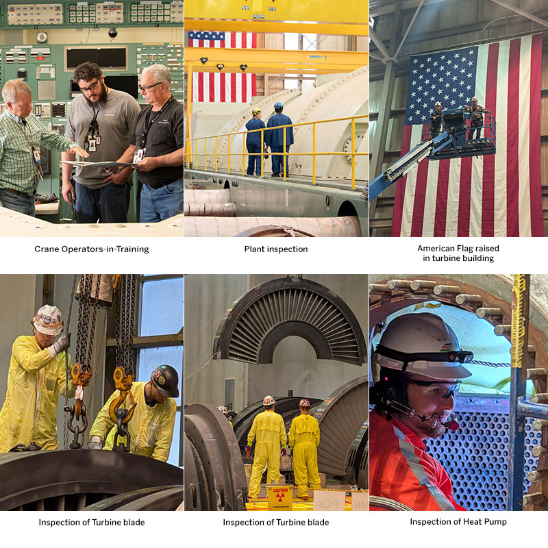 Inspection of Turbine blade, Crane Operators-in-Training, Plant inspection, American Flag raised in turbine building