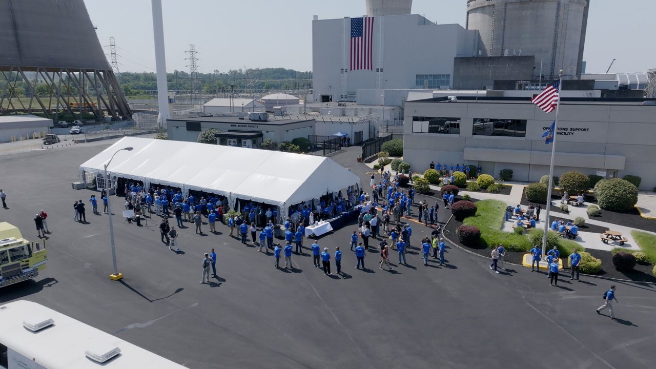 aerial shot of crane clean energy center during the June 2025 site celebration