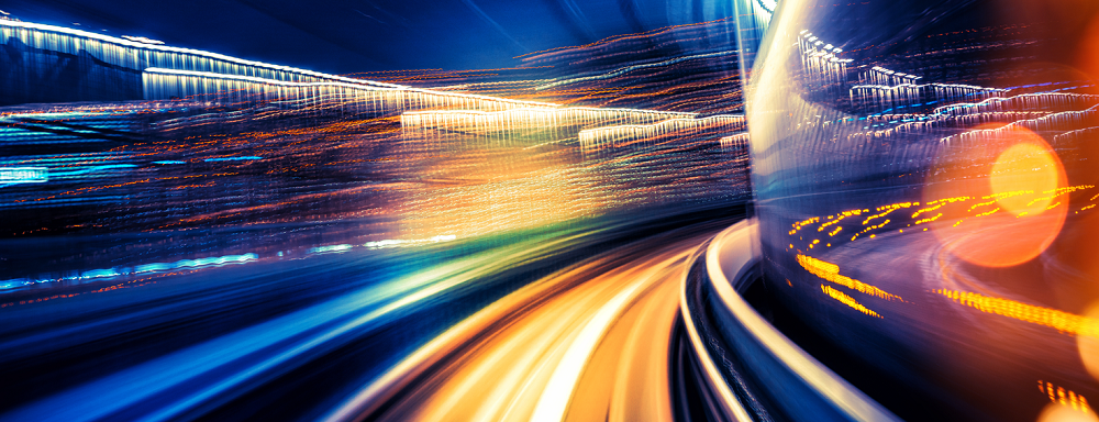 abstract motion-blurred view from the front of a train in Tokio, Japan